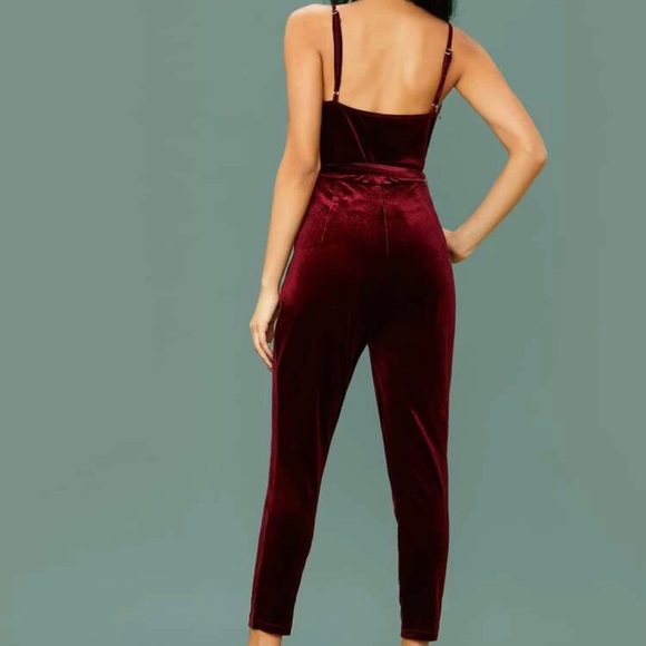 Red Belted Velvet Jumpsuit - Picture 5 of 5